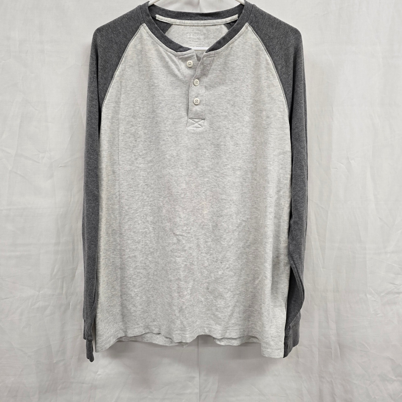 Ll Bean Mens Organic Cotton Raglan Henley Shirt Grey Long Sleeve L Reg 507460
